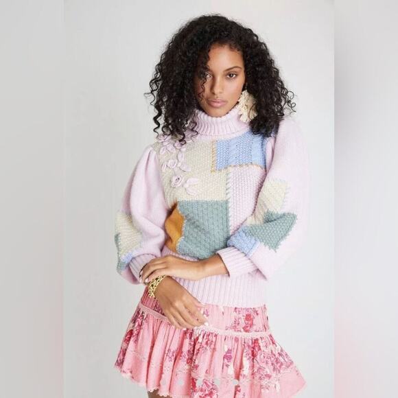 NWT Loveshackfancy ALLAN APPLIQUÉD PATCHWORK KNITTED TURTLENECK SWEATER IN PINK - Picture 2 of 7